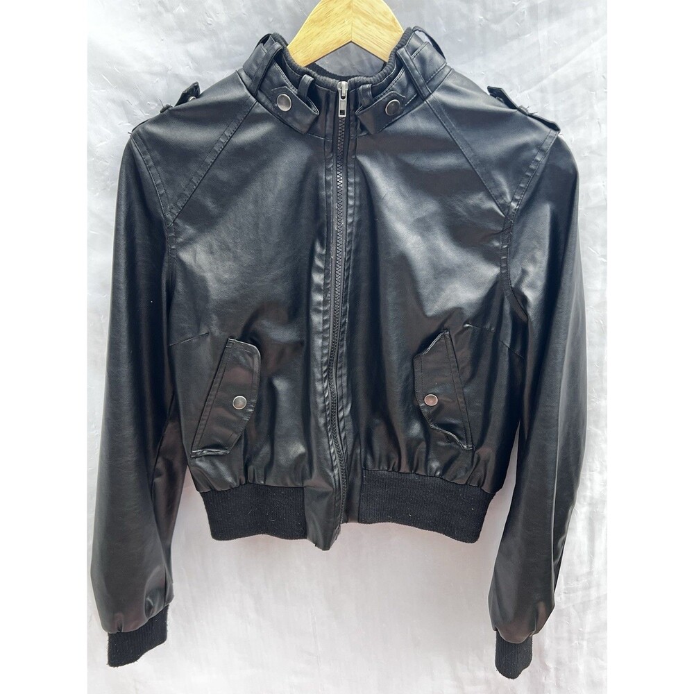 Real Y2K Last Kiss Juniors XL Black Faux Leather Cropped Moto Bomber Jacket Goth